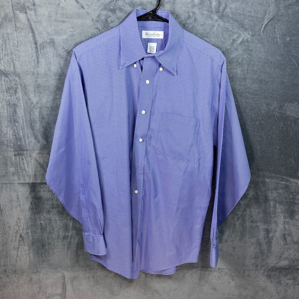 Brooks Brothers Dress Shirt Men 14.5 33 Blue Micro Check Classic Non Iron Cotton